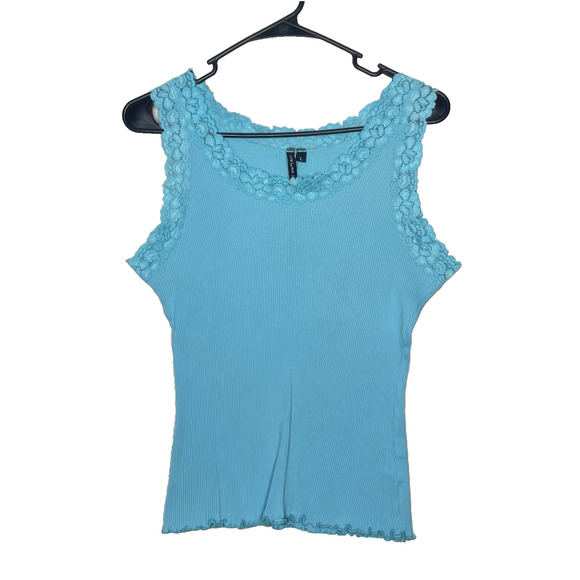 Y2K Cha Cha Vente Baby Blue Tank Top Lace Trim Size L 2000s Lettuce Hem USA Made - Picture 1 of 9